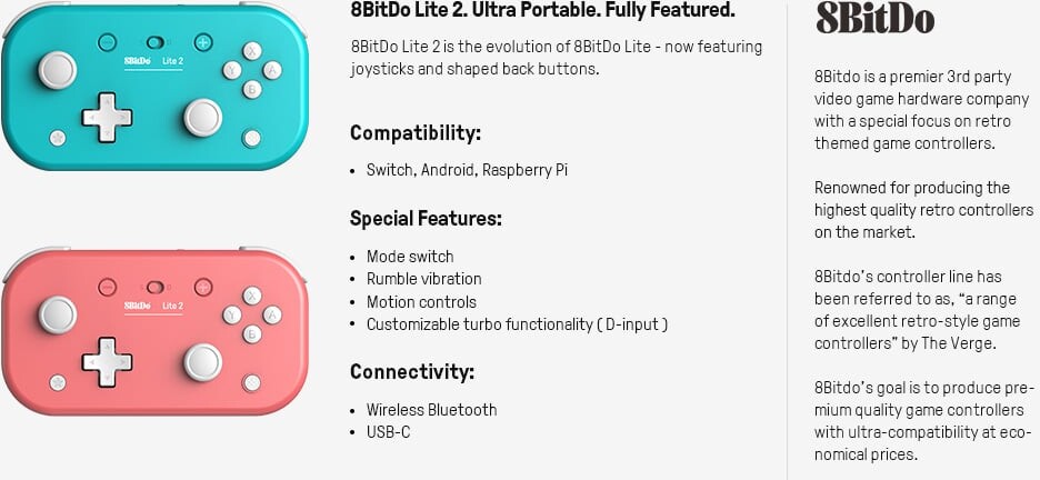 8Bitdo - Lite 2 Bt Gamepad Controller - Bluetooth - Turkis