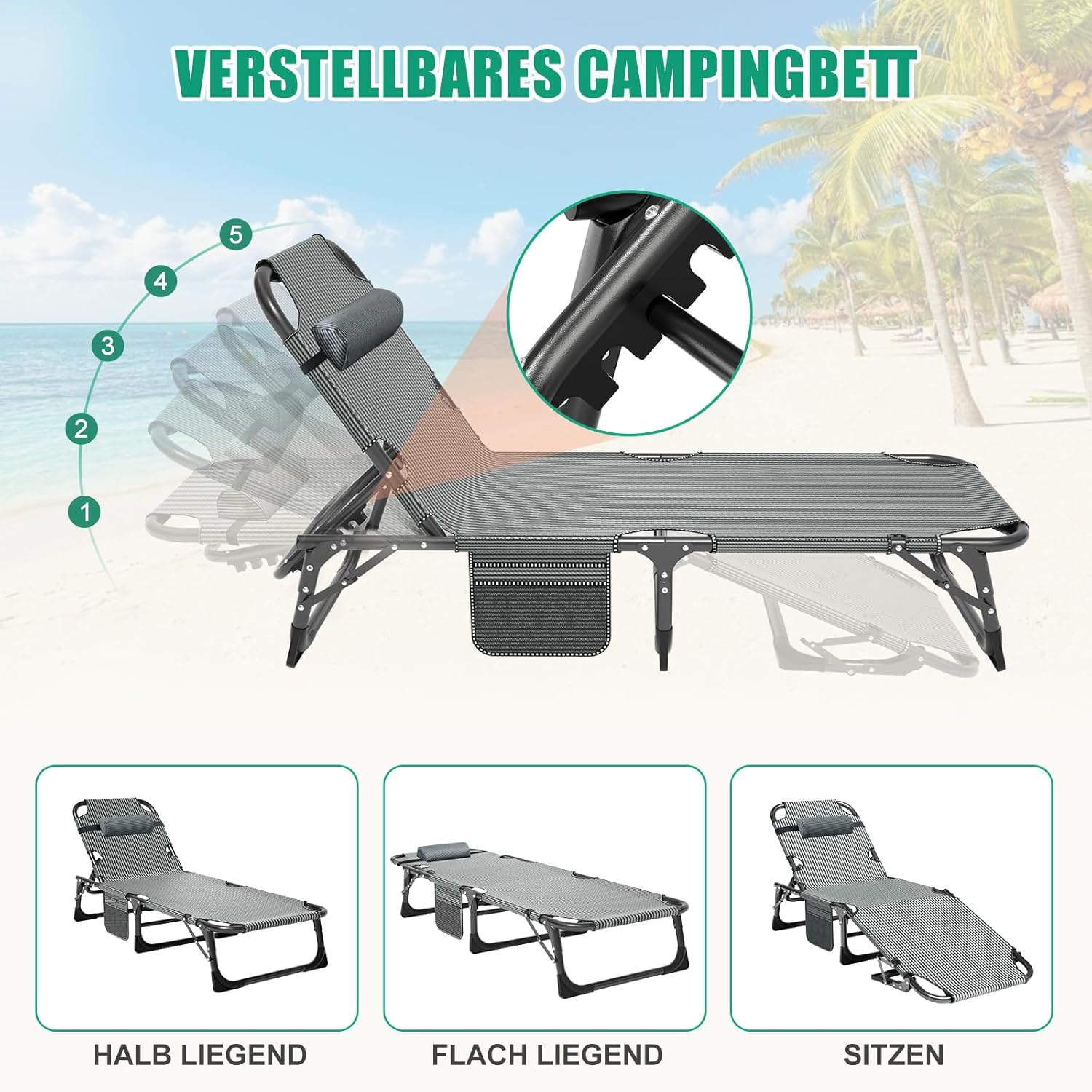 2er Set Klappbar Sonnenliege Gartenliege, 68cm Breite 200kg Loading mit Matratze und Kopfstütze Klappbar Liegestuhl, Geeignet für Balkon, Strande, Garten, Kann als Campingbett und Gästebett