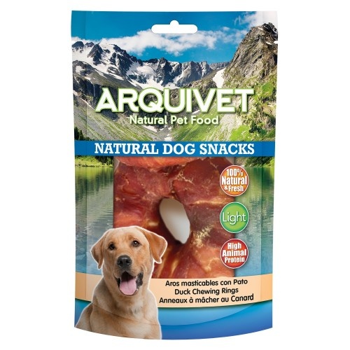 Petiscos mastigáveis em formato de anel Arquivet para cães, sabor pato.