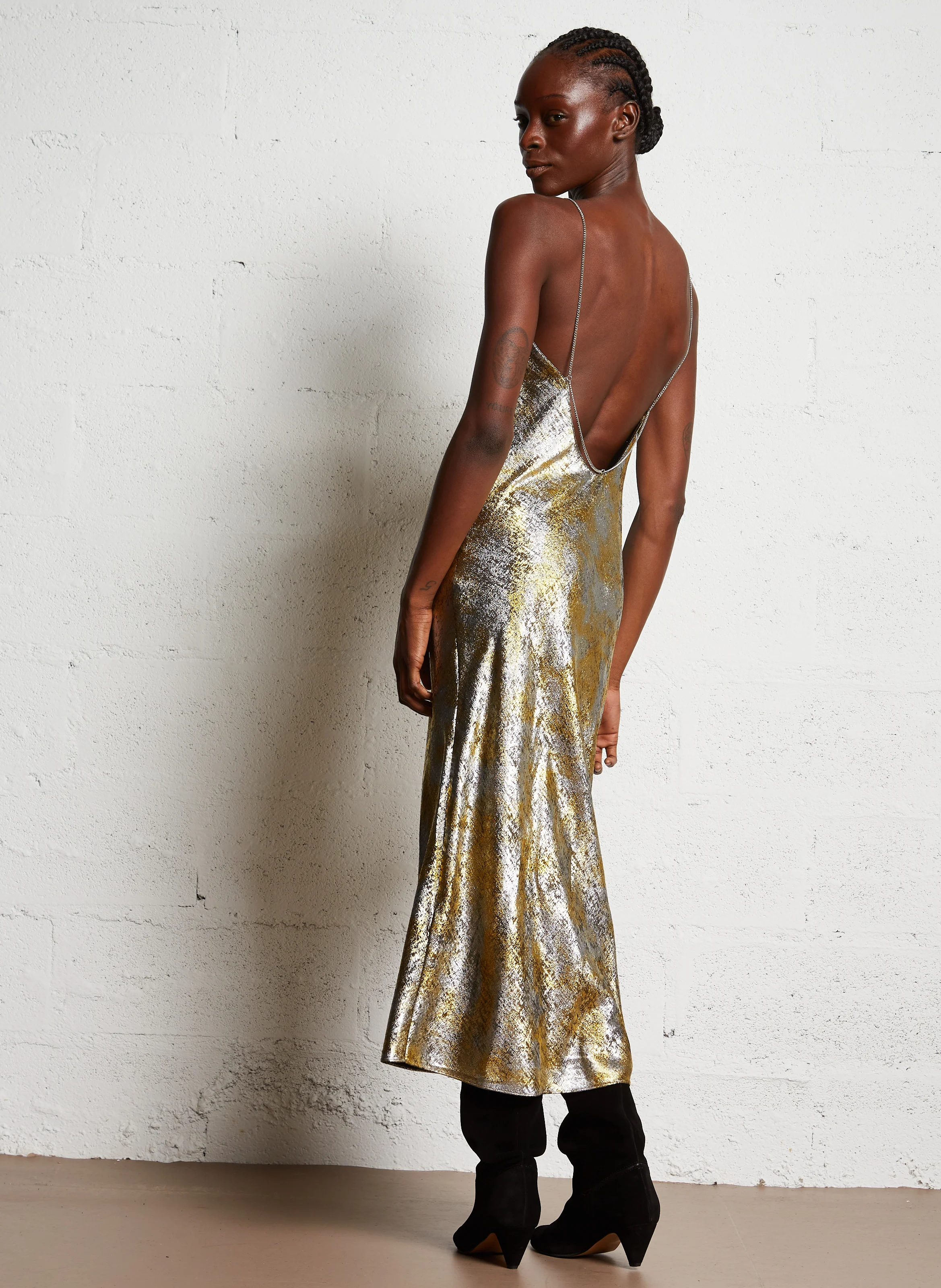 FLAVIA - Robe midi col rond métallisée | Doré