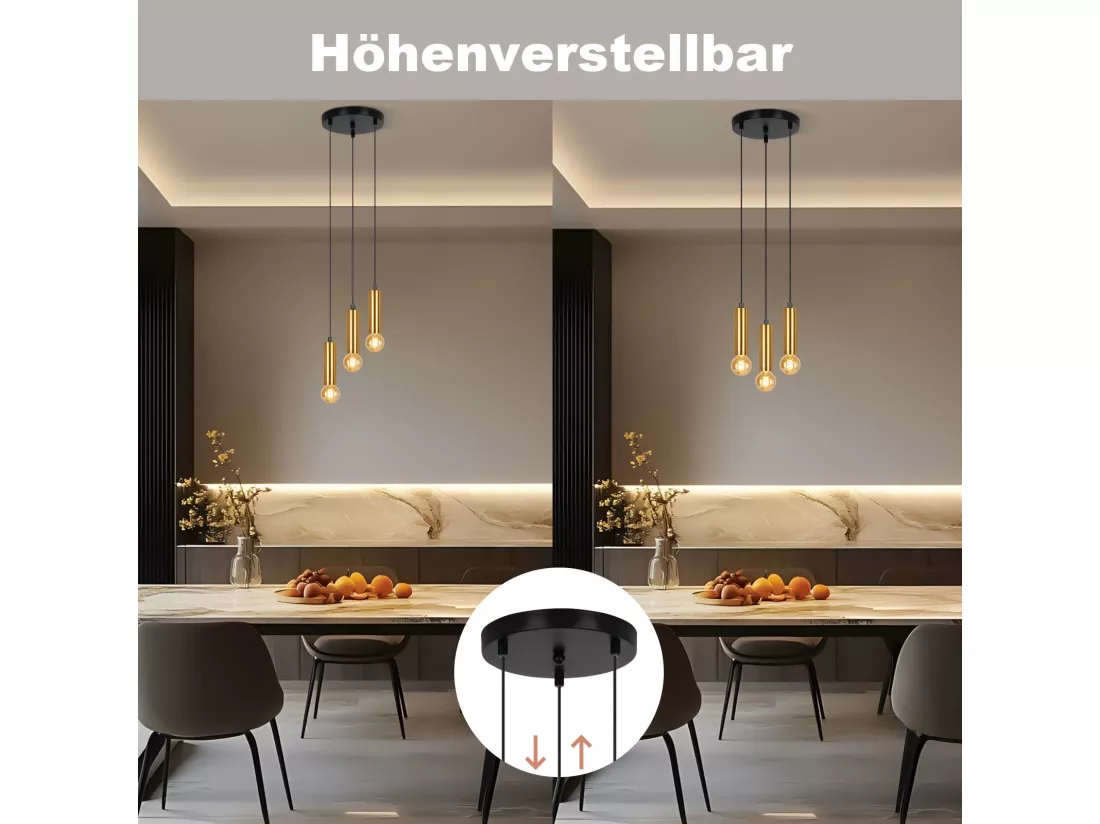NETTLIFE Lampe suspendue 3 ampoules suspension dorée E27 lampe de salle à manger industrielle table à manger en métal