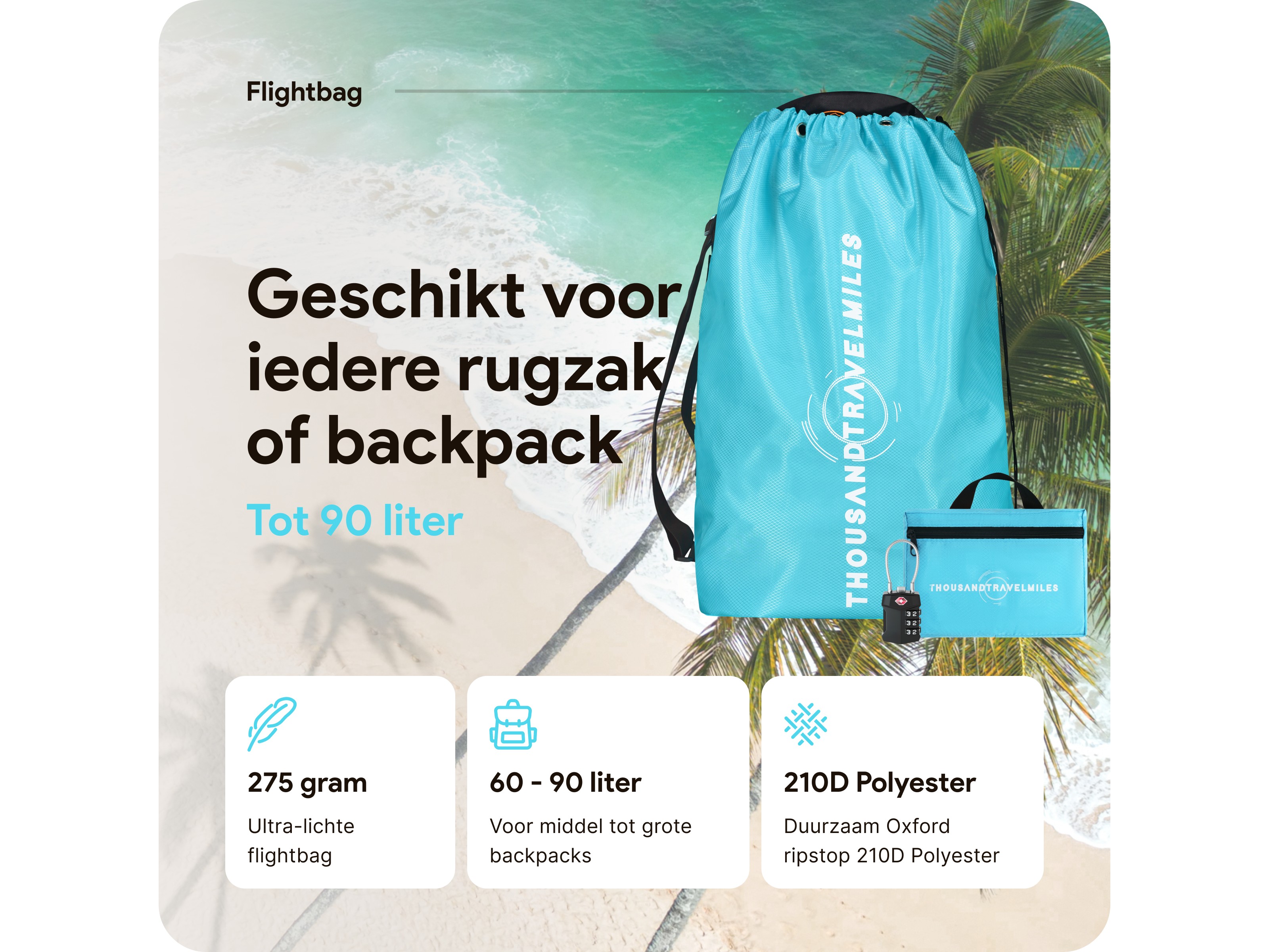 Thousandtravelmiles 60-90L Flightbag met TSA-slot - Light Blue