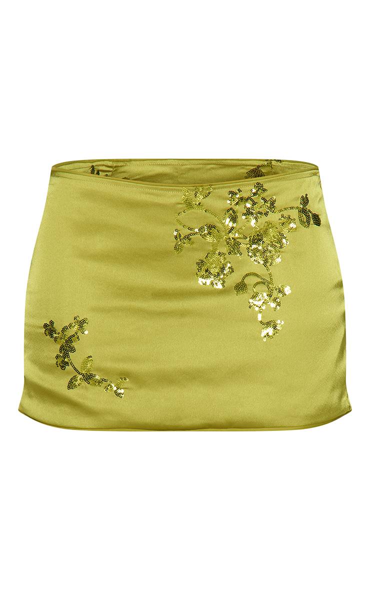 Vert Olive Mini-jupe Satinée À Sequins Taille Basse