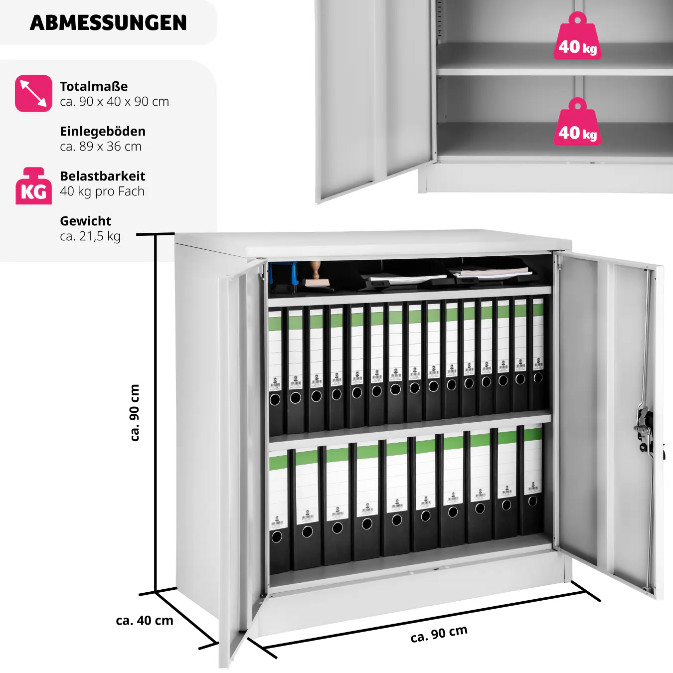 tectake® Aktenschrank, aus pulverbeschichtetem Stahl, 2 höhenverstellbare Einlegeböden, 90 x 40 x 90 cm