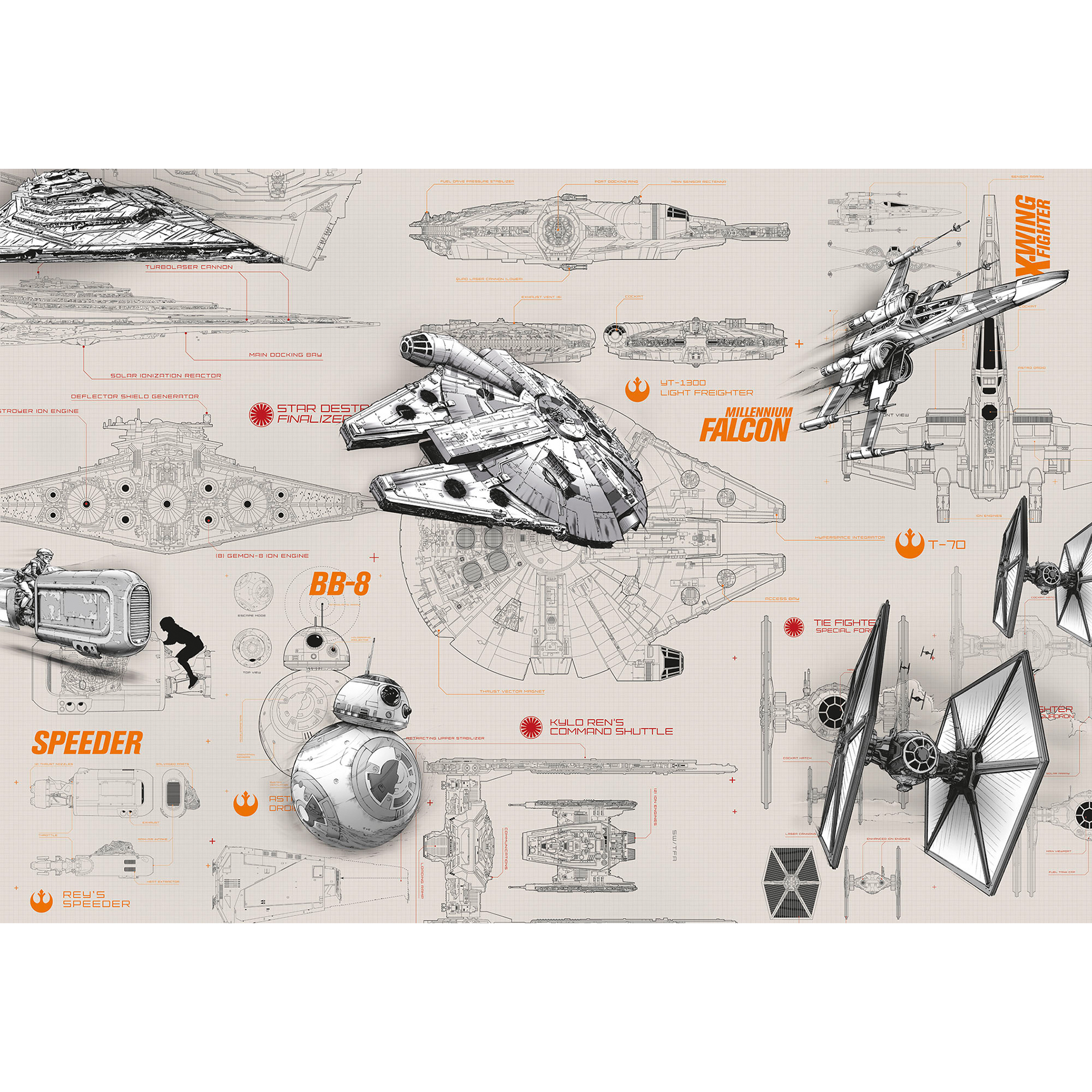 Papier-Fototapete STAR WARS BLUEPRINTS - grau-gelb - 368x254 cm