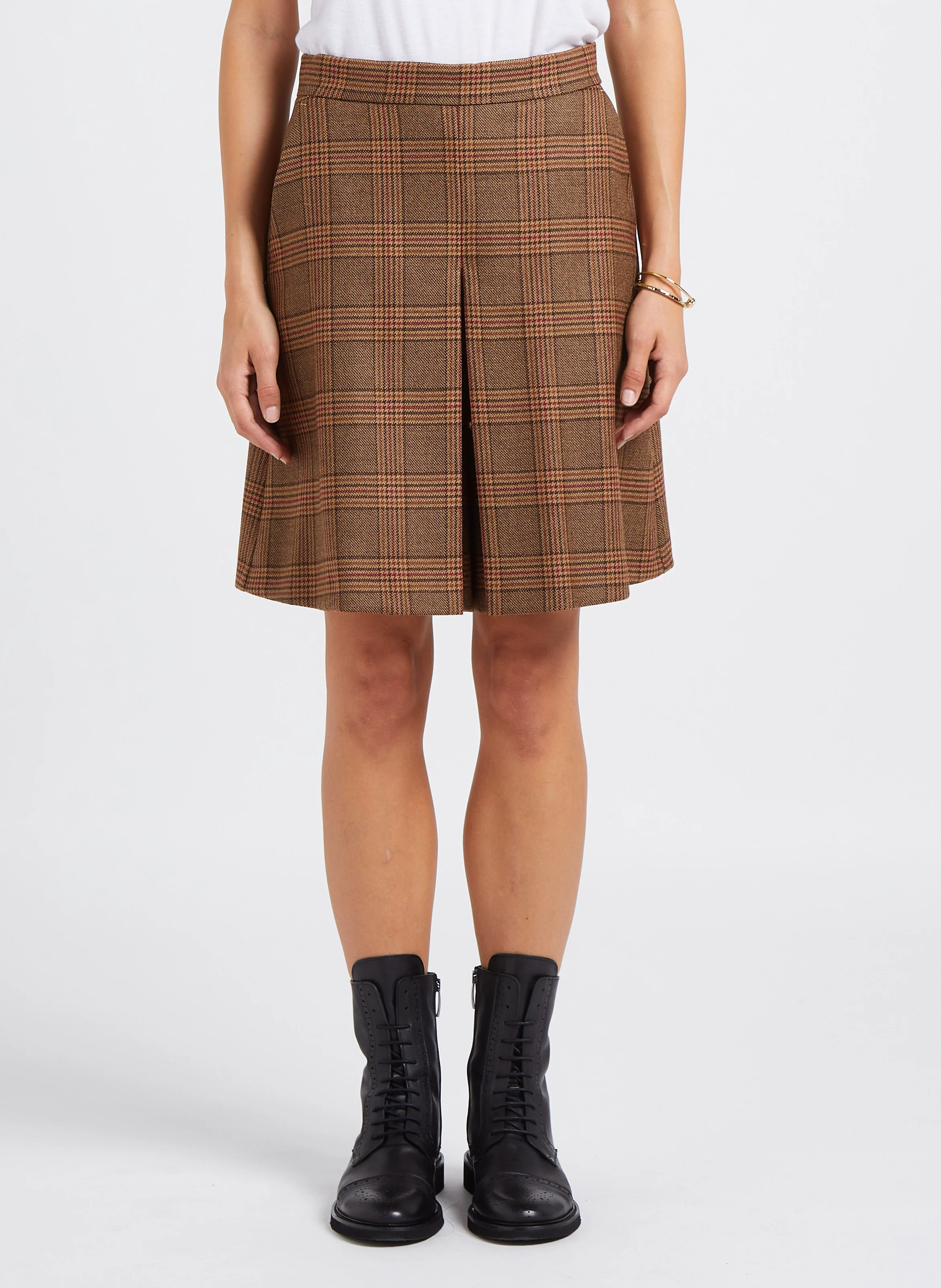 BRAMA - Short taille haute à carreaux en laine | Marron