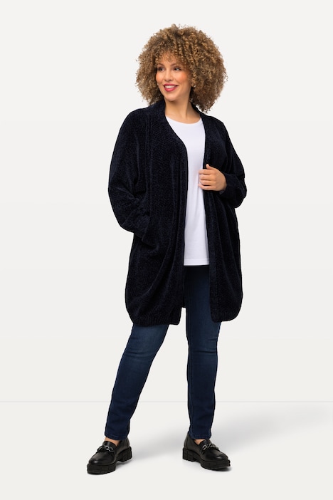 Chenille-Strickjacke, Oversized, V-Ausschnitt, offene Form