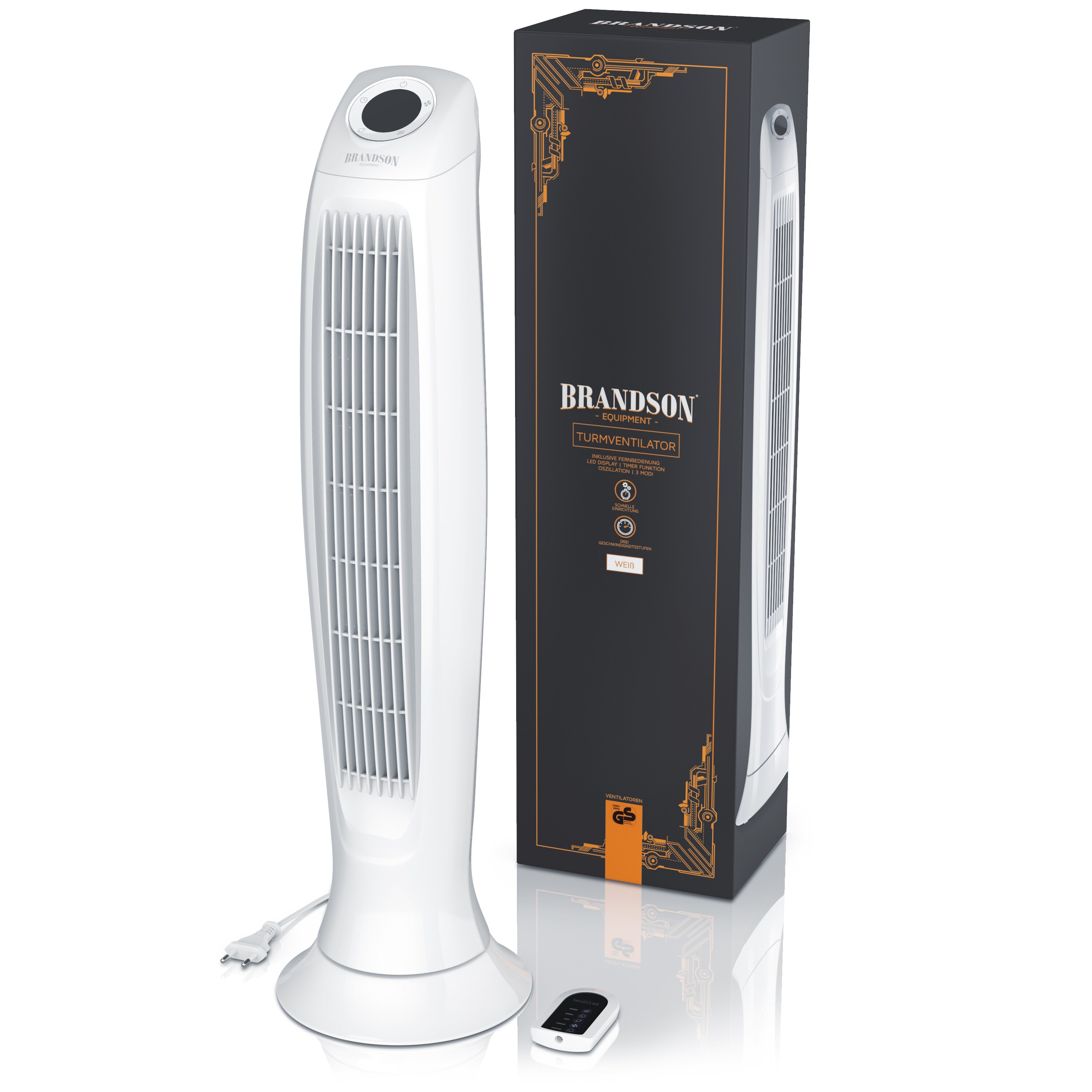 Brandson Turmventilator, Säulenventilator inkl. Fernbedienung, osziellierend, leise, Ventilator mit Timer & 3 Geschwindigkeiten, Weiß