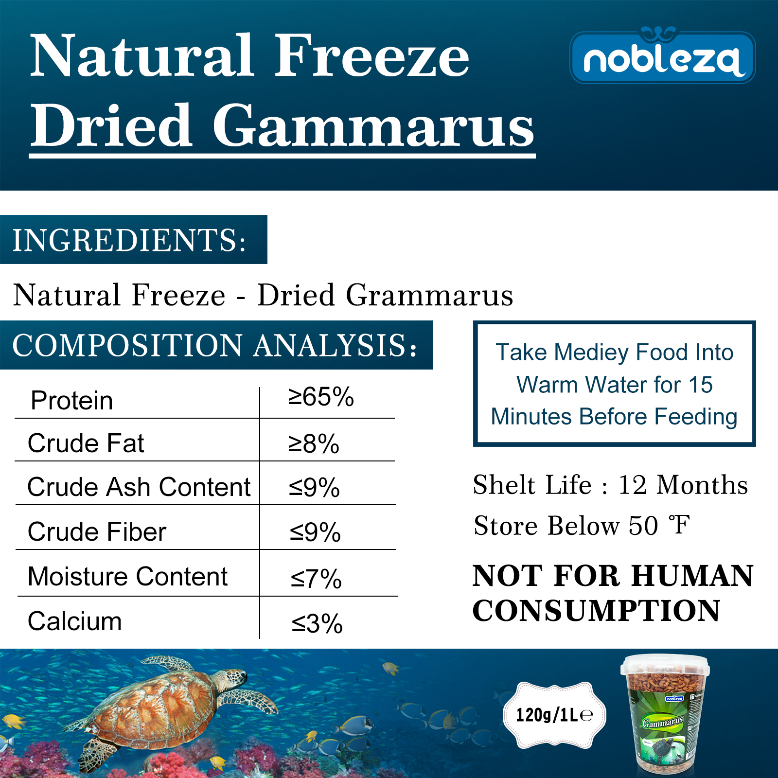 Alimento Nobleza para tartarugas e cágados, feito com camarões de rio naturais de alta qualidade, 120g / 1000ml