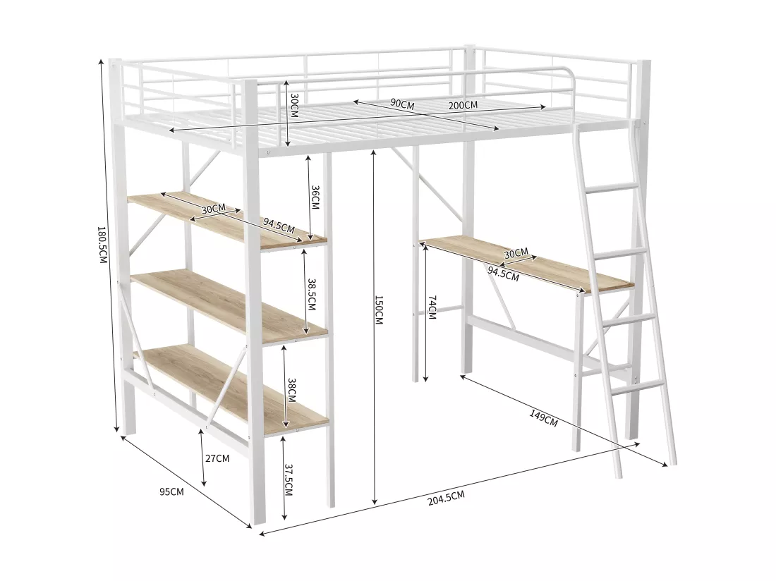 Lit mezzanine en fer - 90x200cm - avec bureau et 3 étagères - Blanc