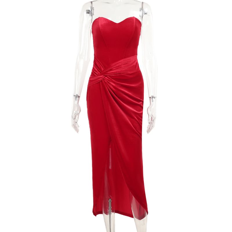 Eunostos - Strapless effen gedraaide bodycon maxi-jurk