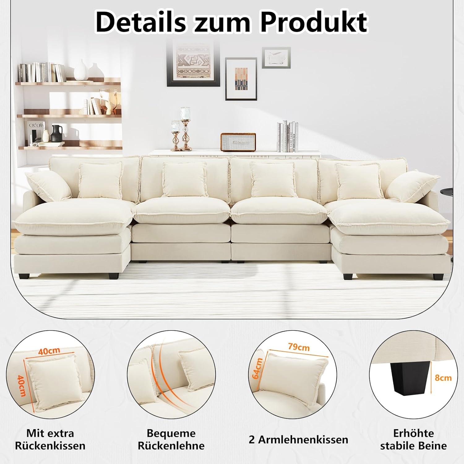 U-Form Cloud Sofa, Modulares Sektionssofa 6-Sitzer mit 2 Ottomanen, Modernes Sofa mit Dekokissen/Armlehnen, Atmungsaktivem Chenille-Stoff, U Sofa Couch für Wohnzimmer, Beige