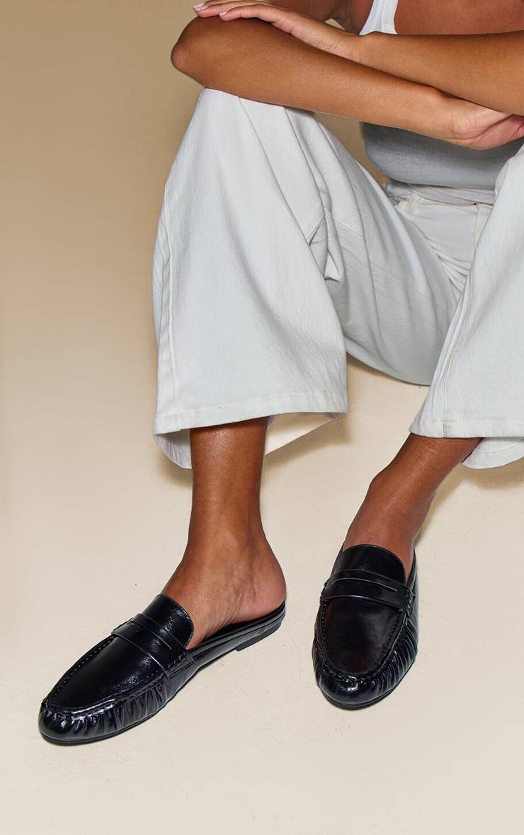 Noir Mule Mocassin À Bout Rond Froncé