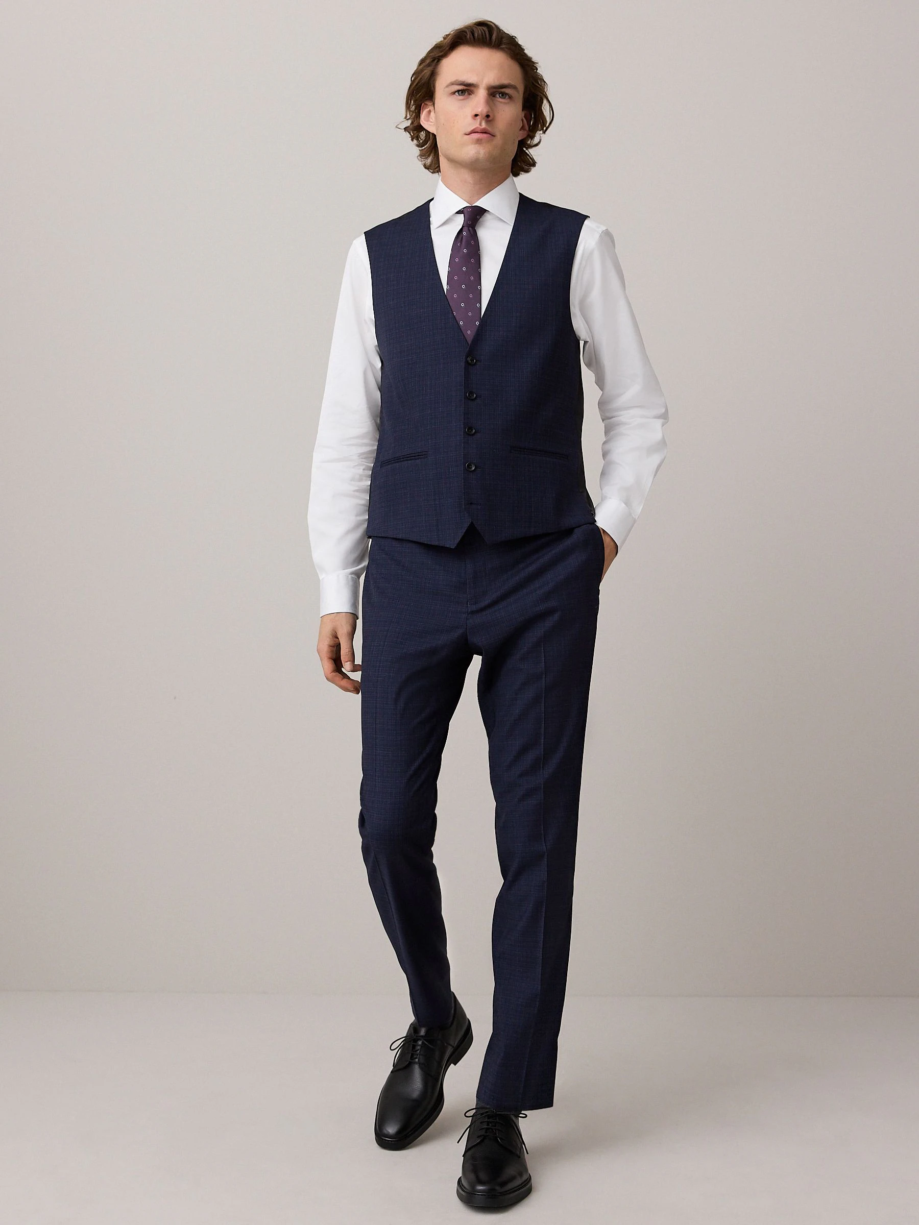 Marineblauw - Geruit Textuur Kostuum Vest