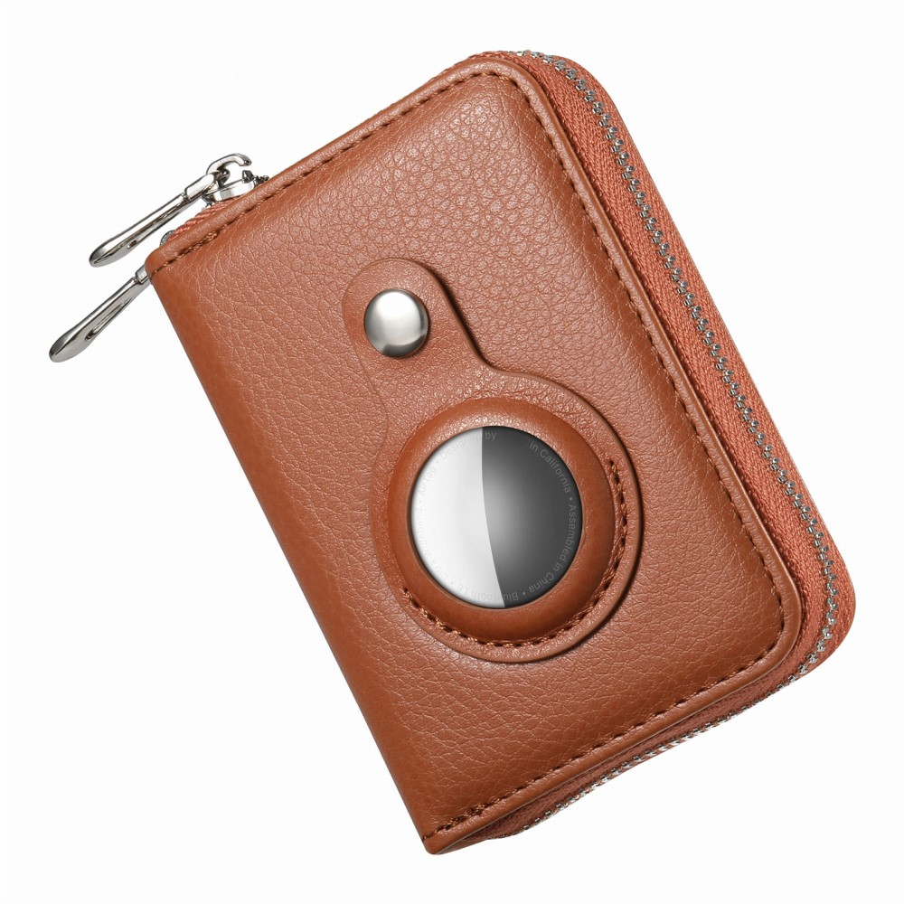 (12.7x11.1x3.6cm) Apple AirTag Wallet Mini Kreditkarten Portemonnaie Leder Etui Geldbörse Litchi Look  (RFID Schutz) - Braun