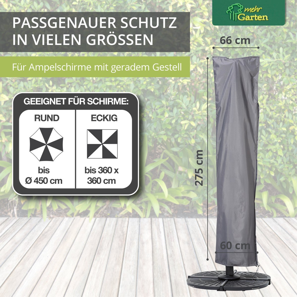 More Garden - Premium parasolhoes, afmetingen: 275 (H) x 66/60 (B) cm | Voor ronde parasols tot Ø 450 cm | Beschermhoes voor zweefparasols, water- en weerbestendig (Oxford 600D stof), lichtgrijs
