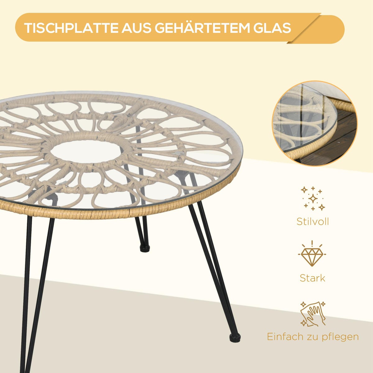 Outsunny 5-delige rotan zitgroep, tuinmeubelset, 1 eettafel, 4 stoelen, met zitkussens, voor balkon, terras, 82L x 82B x 50H cm, polyester, beige