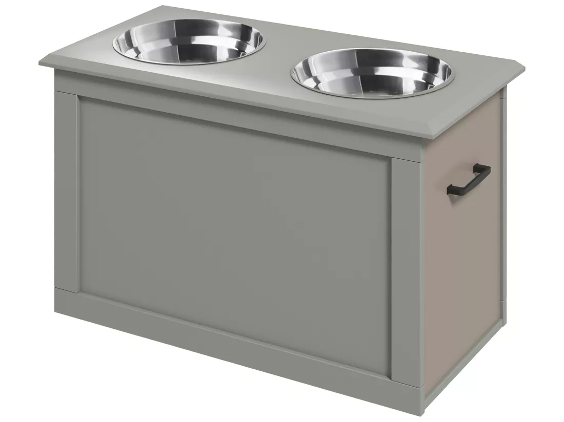 Gamelle double chien chat Porte-gamelles surélevé dim. 60L x 30l x 41H cm 2 gamelles poignées coffre MDF gris