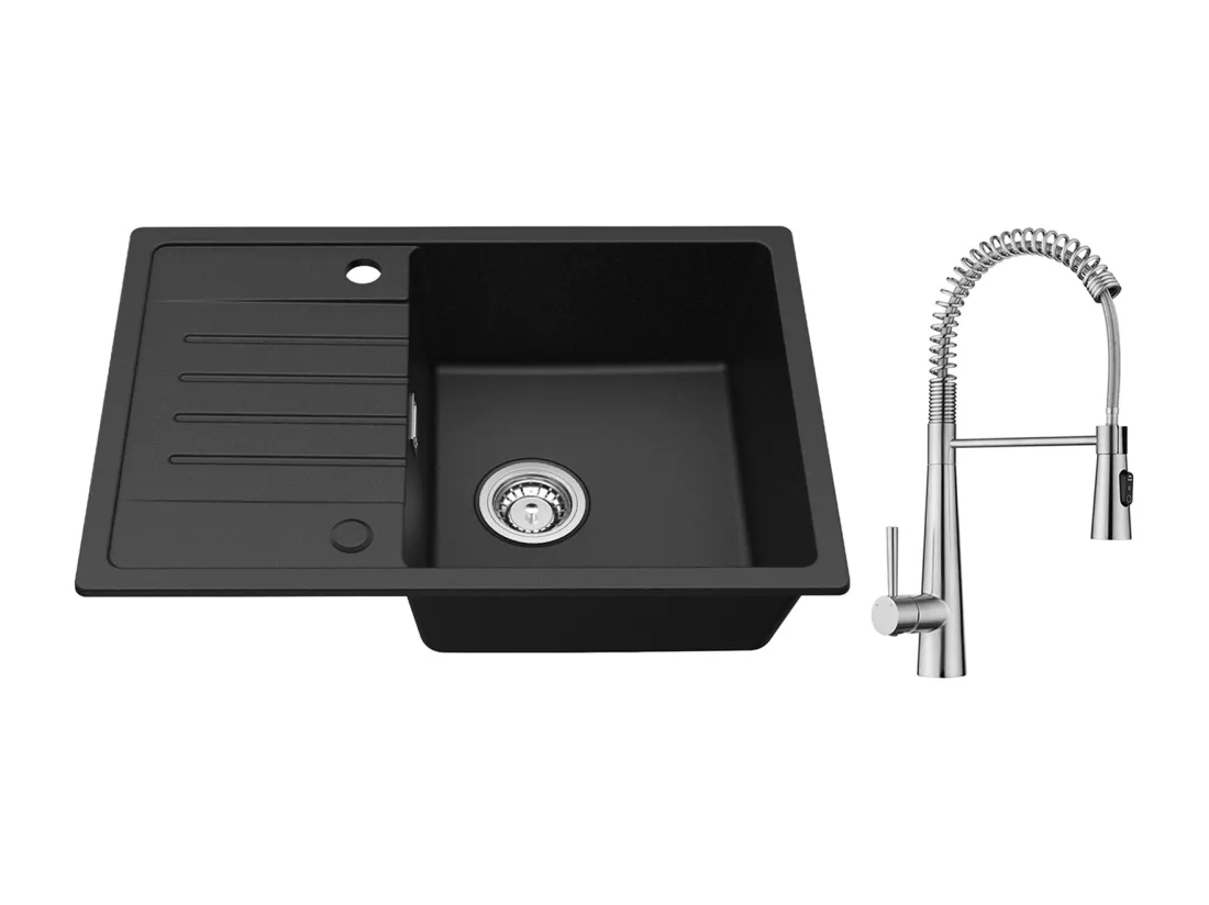 Cecipa max Evier 1 Bac avec Egouttoir, Evier en Quartz et résine Noir 65x45cm + Mitigeur de Cuisine à Ressort avec 3 Modes de Sortie D'eau, Brossé