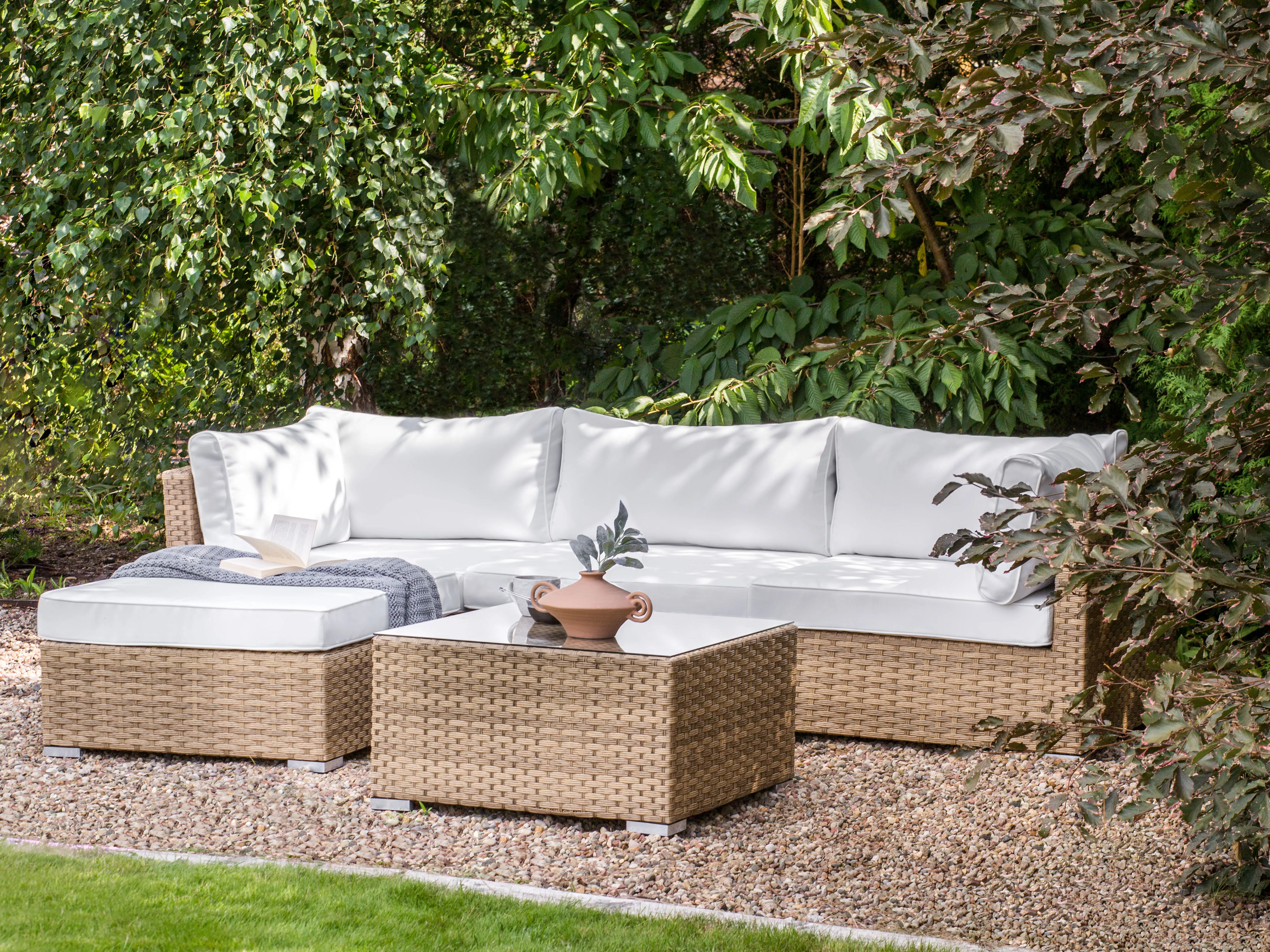 Tuin hoekloungeset met tafel 4-zits SANO rechtszijdig modulair PE rotan Natuurlijk