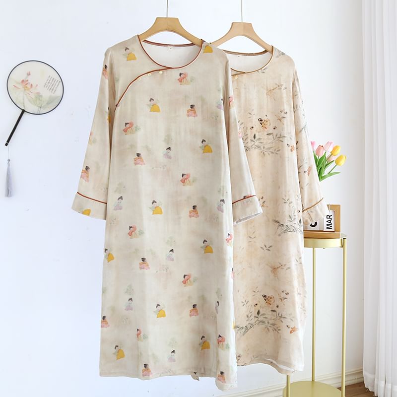 Finlies - Midi-slaapjurk met lange mouwen en ronde hals en print