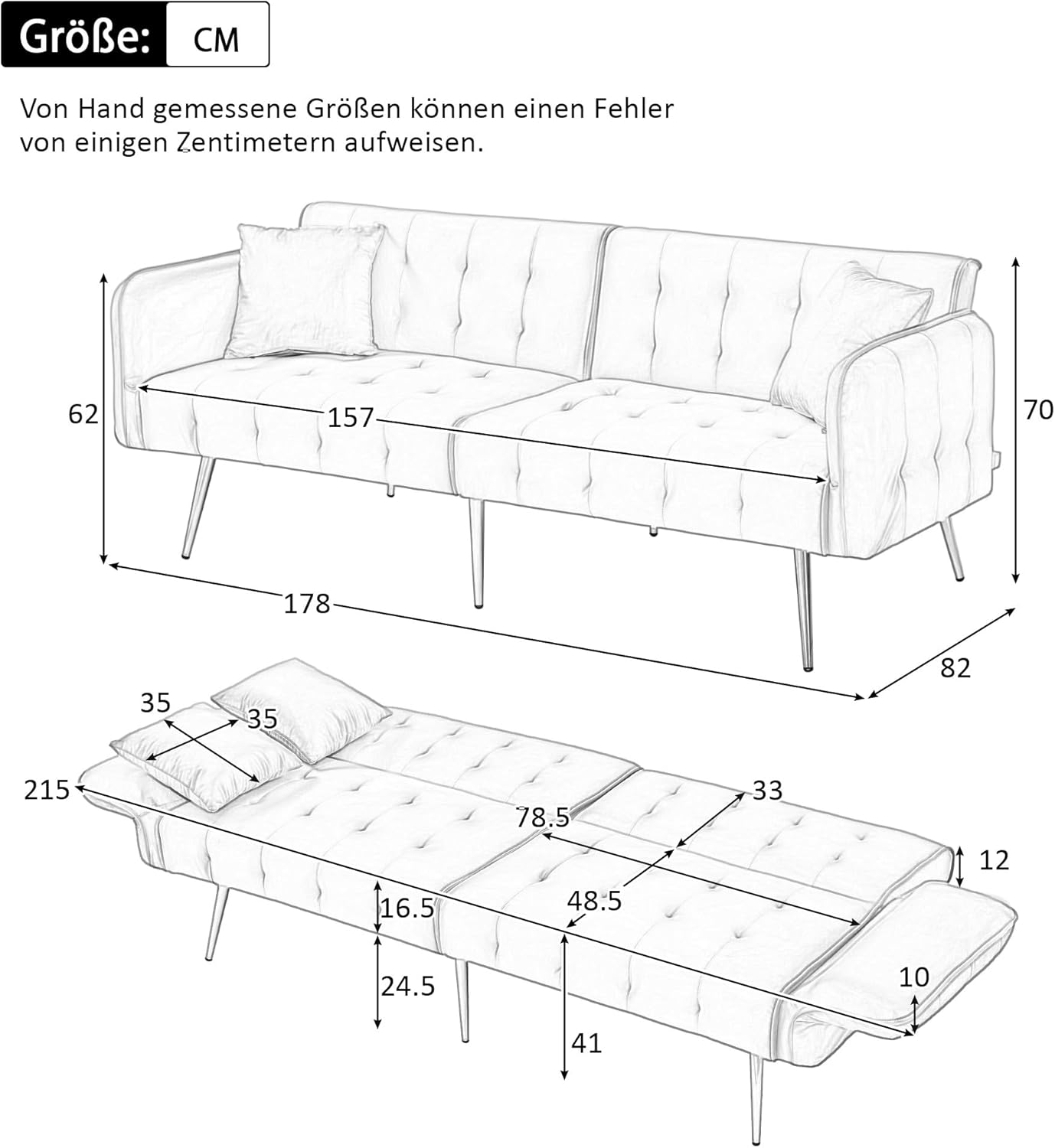 Zweisitzer-Multifunktions-Sofabett mit Bettfunktion, Verstellbarer Rückenlehne + mehrstelligen Armlehnen. Modernes Faltsofabett für Wohnzimmer - Veloursbezug. Großzügiger Schlafbereich
