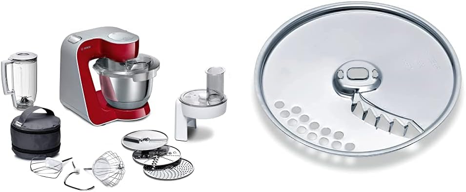Bosch Küchenmaschine MUM5 CreationLine MUM58720, Edelstahl-Schüssel 3,9 L, Mixer 1,25 L, 1000 W, rot & Bosch Pommes-Frites-Scheibe MUZ45PS1, für Pommes Frites, Wendescheibe, robust, Edelstahl