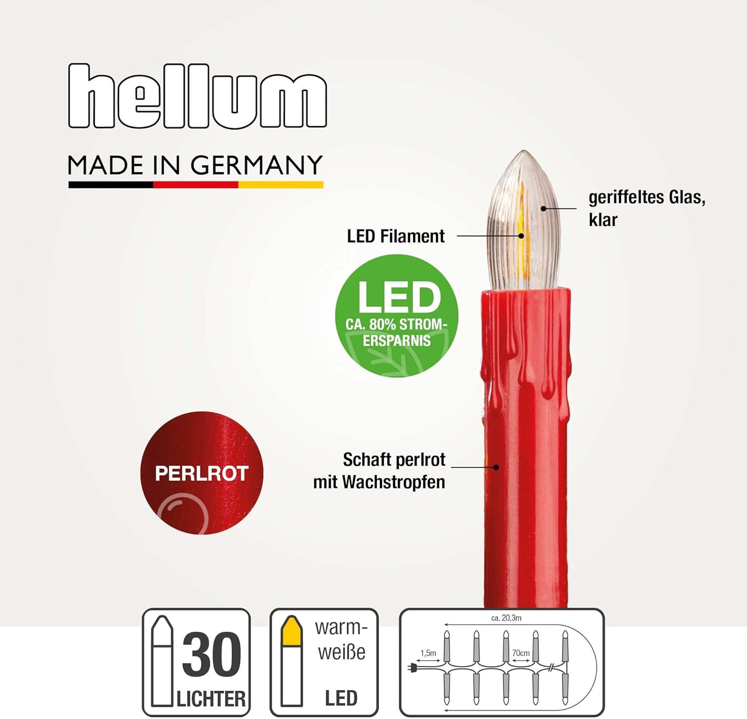 hellum Lichterkette LED-Filament mit Wachstropfen, Made in Germany, Riffelkerzenketten mit Clip, 30 Lichter, beleuchtete Länge 20,3 m, warmweiß, Schaft rot, für Innen, teilbarer Stecker