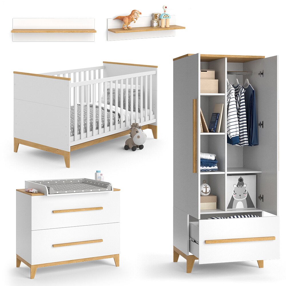 VitaliSpa Babymöbel Set Malia Weiß Eiche Wickelkommode Wandregal Kinderbett Kleiderschrank Kinderzimmermöbel Wickelauflage Aufbewahrung Lattenrost Rausfallschutz Kleiderstange