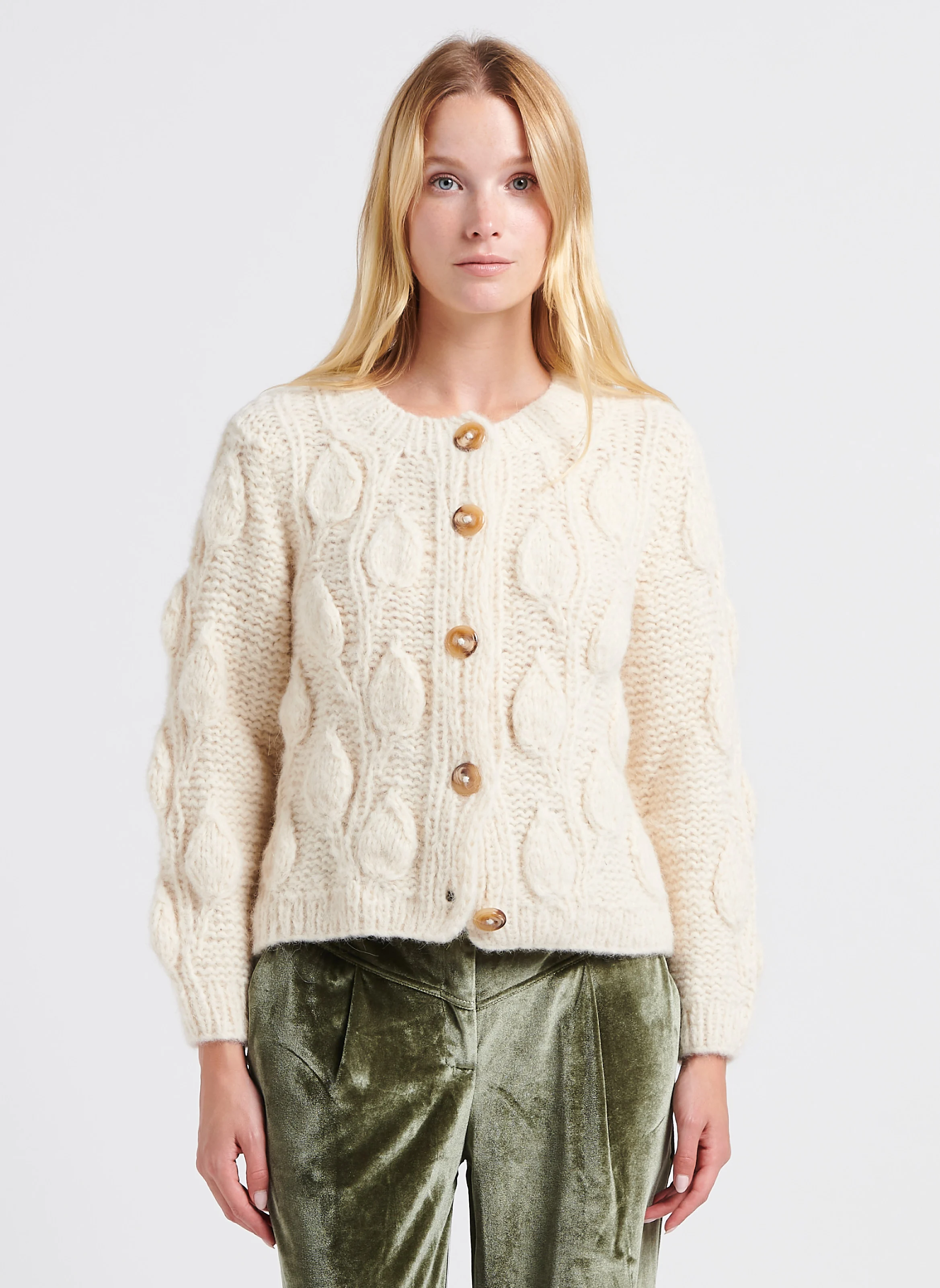 LEANNE - Gilet col rond en laine méangée | Beige