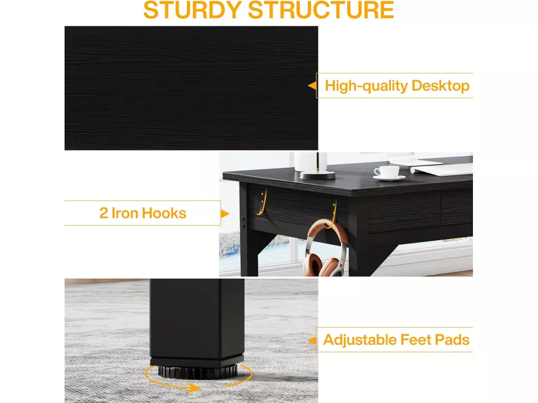 Bureau d'ordinateur - 200 x 60 x 82 cm - Double Bureau Long avec 2 tiroirs - Noir