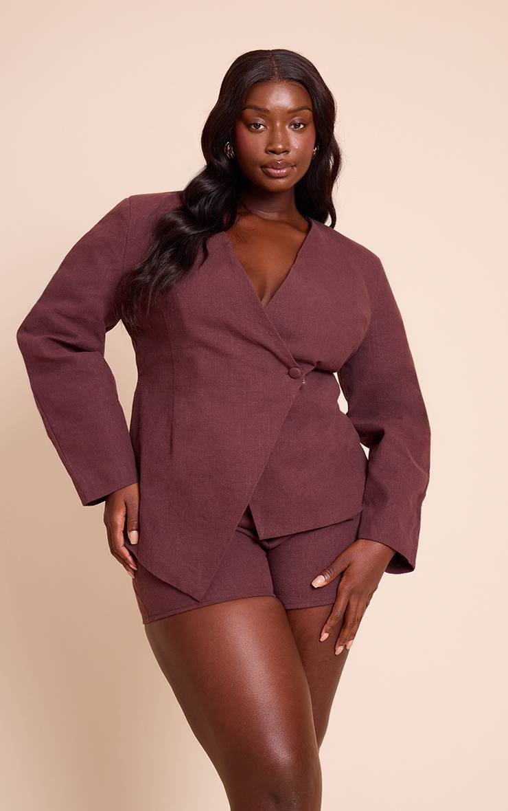 Deep Chocolate Blazer Coordonné Grande Taille En Lin Premium Ajusté À Manches Cocon Et Taille Cintrée
