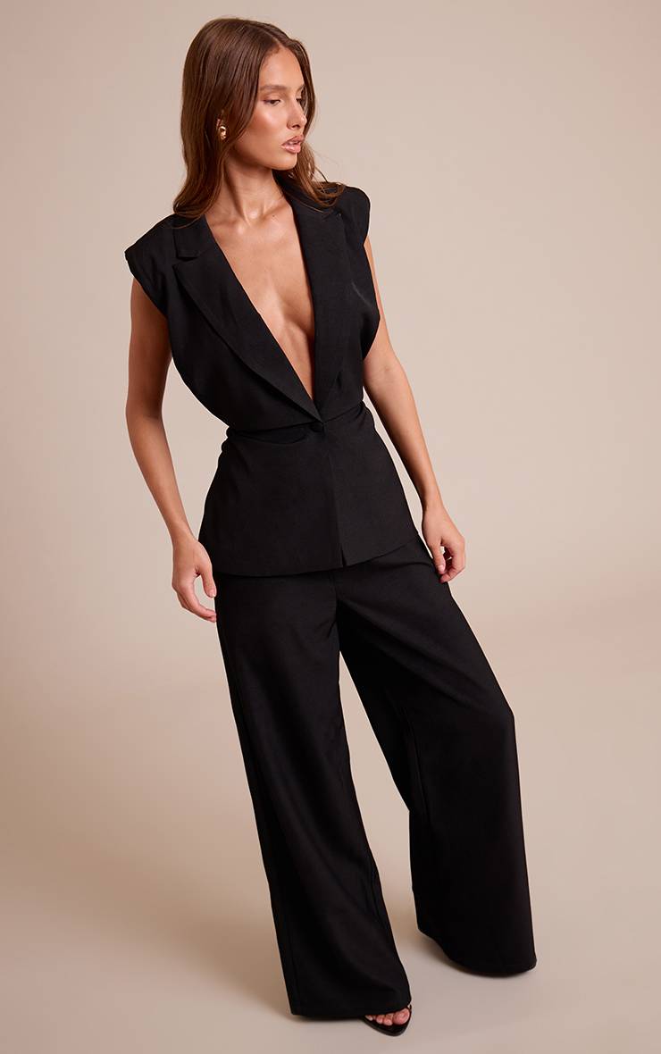 Noir Délavé Ensemble Coordonné Gilet Cintré Taille Froncée Épaulettes Tissu Tissé