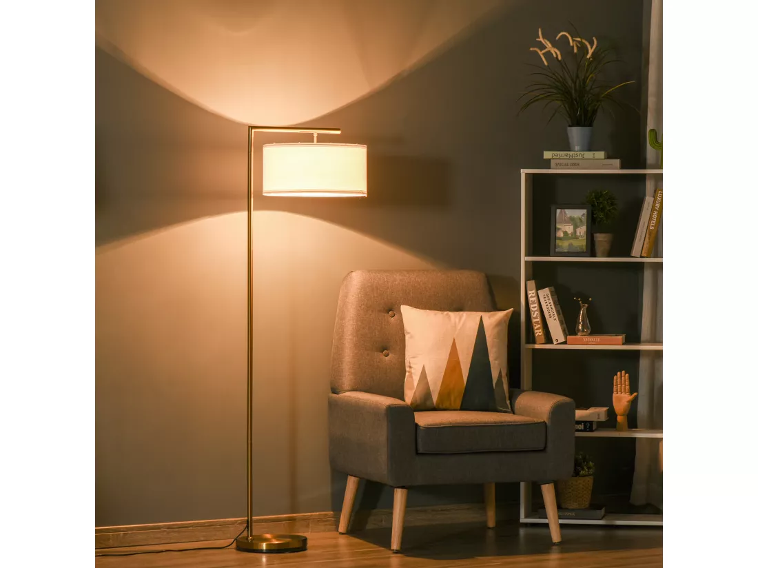 Lampadaire design néo-rétro max. 40 W 153H cm abat-jour circulaire aspect lin blanc piètement structure métal doré