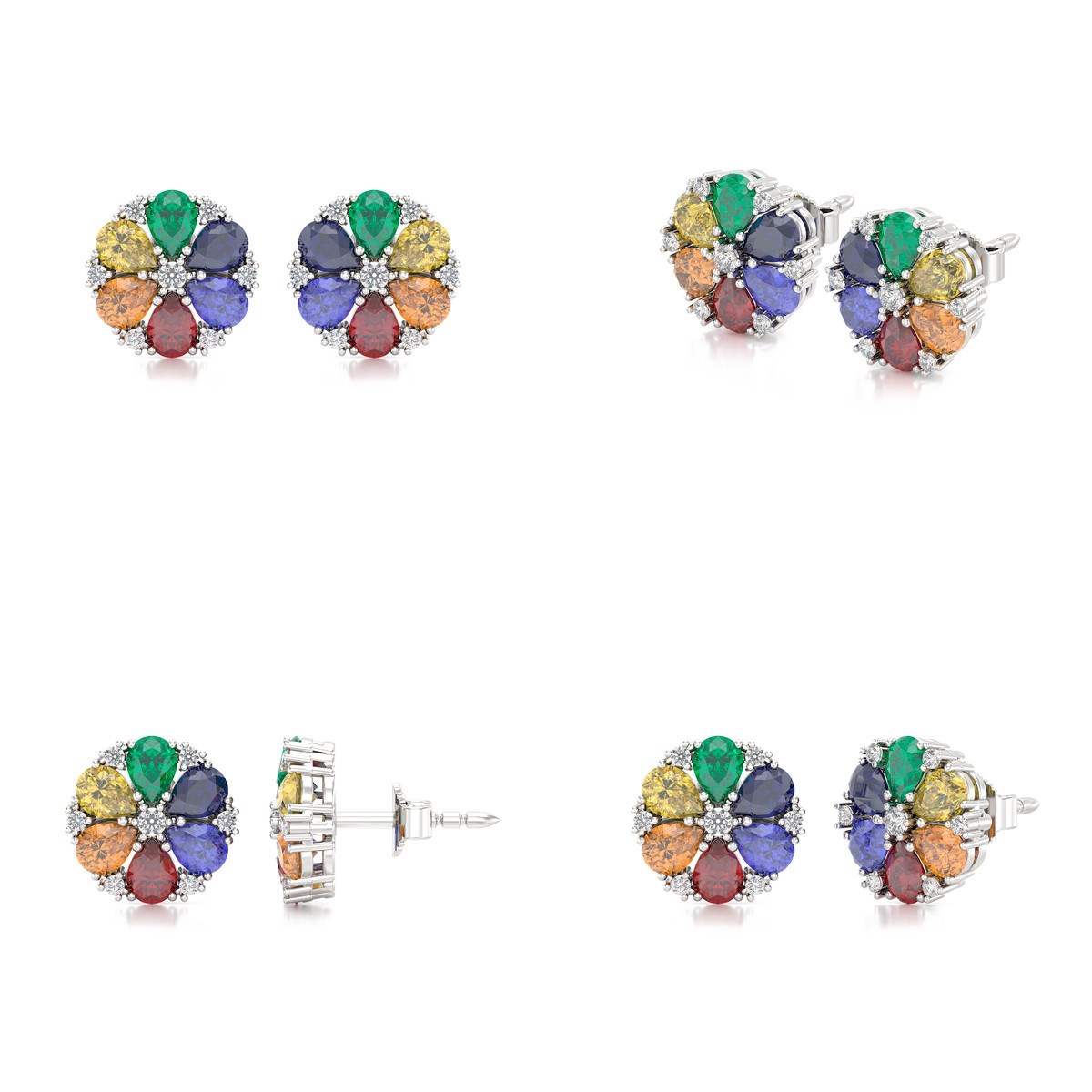 Boucles d'oreilles ADEN Or 585 Blanc Multi-Pierres précieuses et Diamant 2.74grs