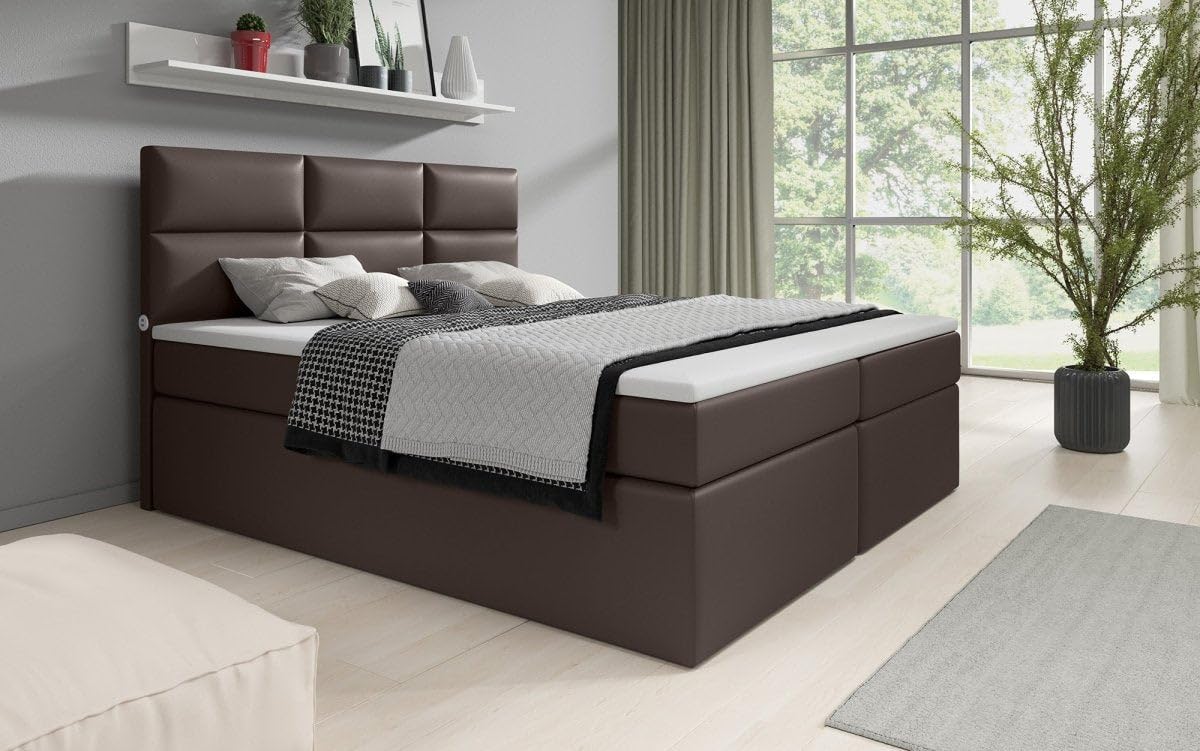 Boxspringbett Citaro 160x200 Doppelbett Polsterbett Bett mit USB-Anschluss und Stauraum | Bezug: Kunstleder | Farbe: Braun | Härtegrad: H4 (100kg+)