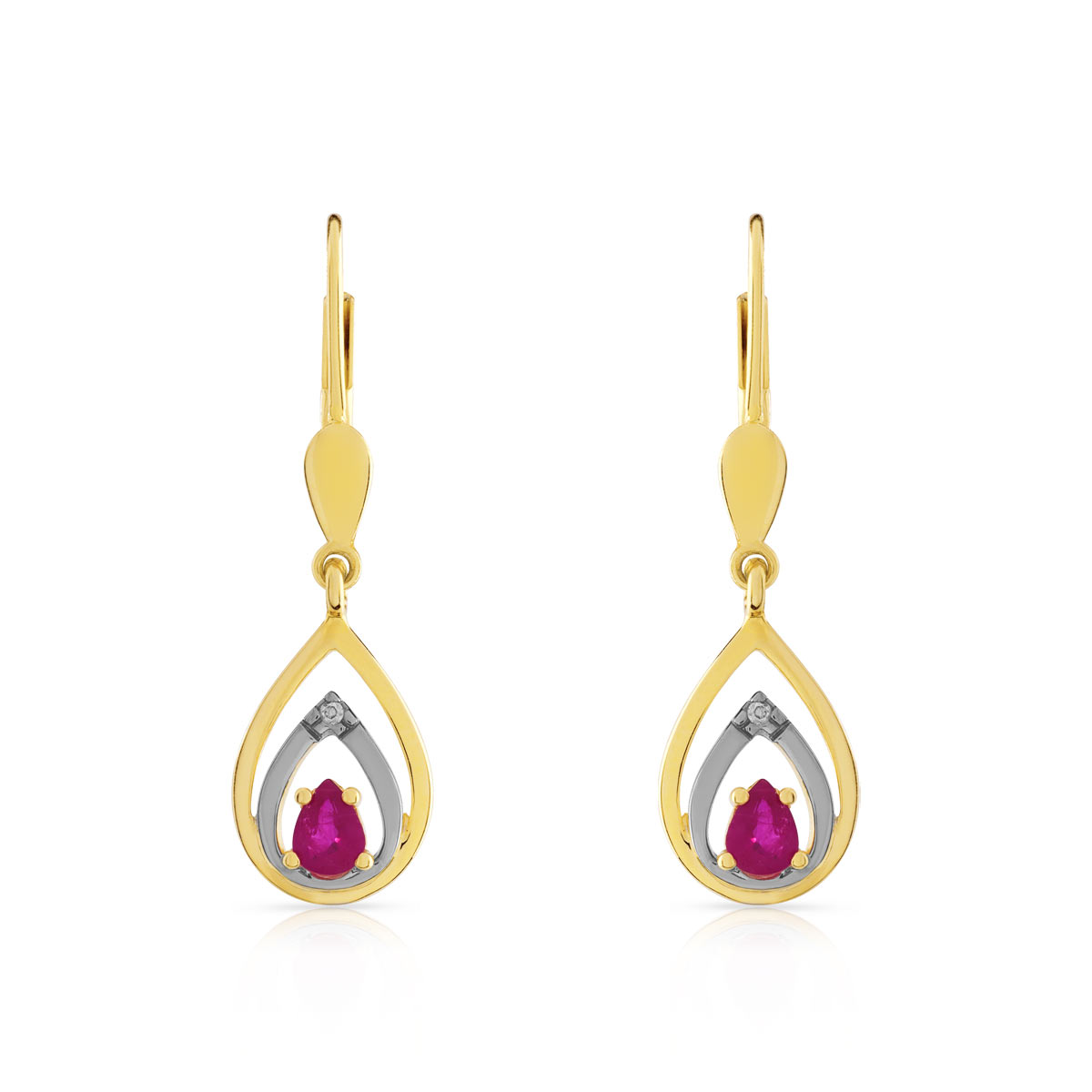 Boucles d'oreilles or 750 2 tons dormeuses rubis taille poire et diamants