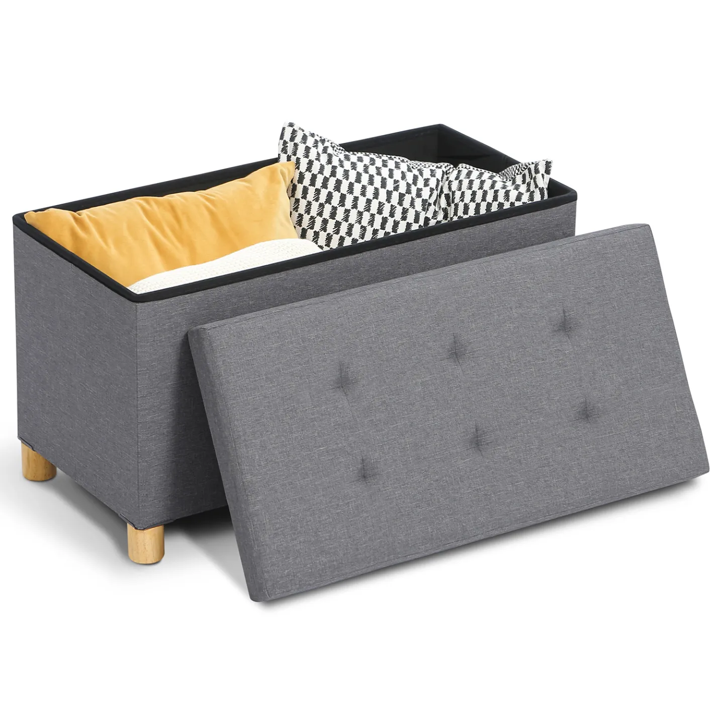 Banc coffre rangement sur pied 76 cm tissu gris anthracite