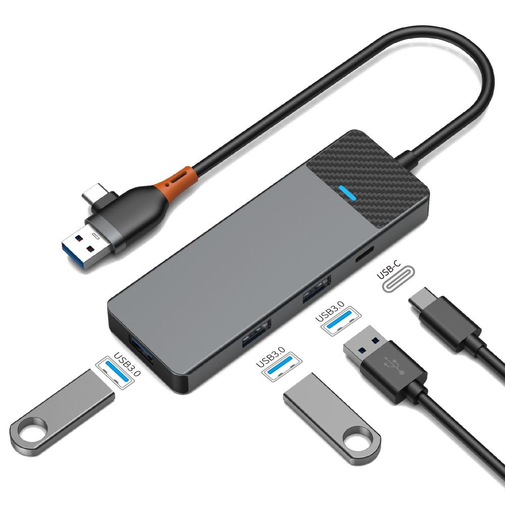 USB A / 90° Grad Dual Stecker USB C Multiport Adapter mit 3x USB 3.0 / 1x USB C - Grau