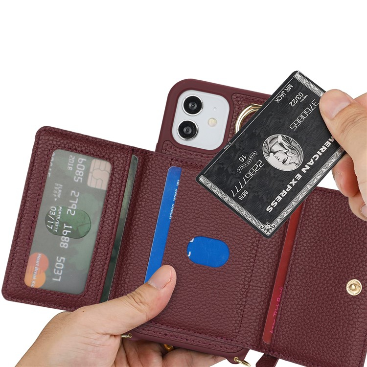 iPhone 12 / iPhone 12 Pro Necklace Leder Hülle mit Münzfach und Kartenfächer   Finger Griff Halterung   Handykette - Weinrot