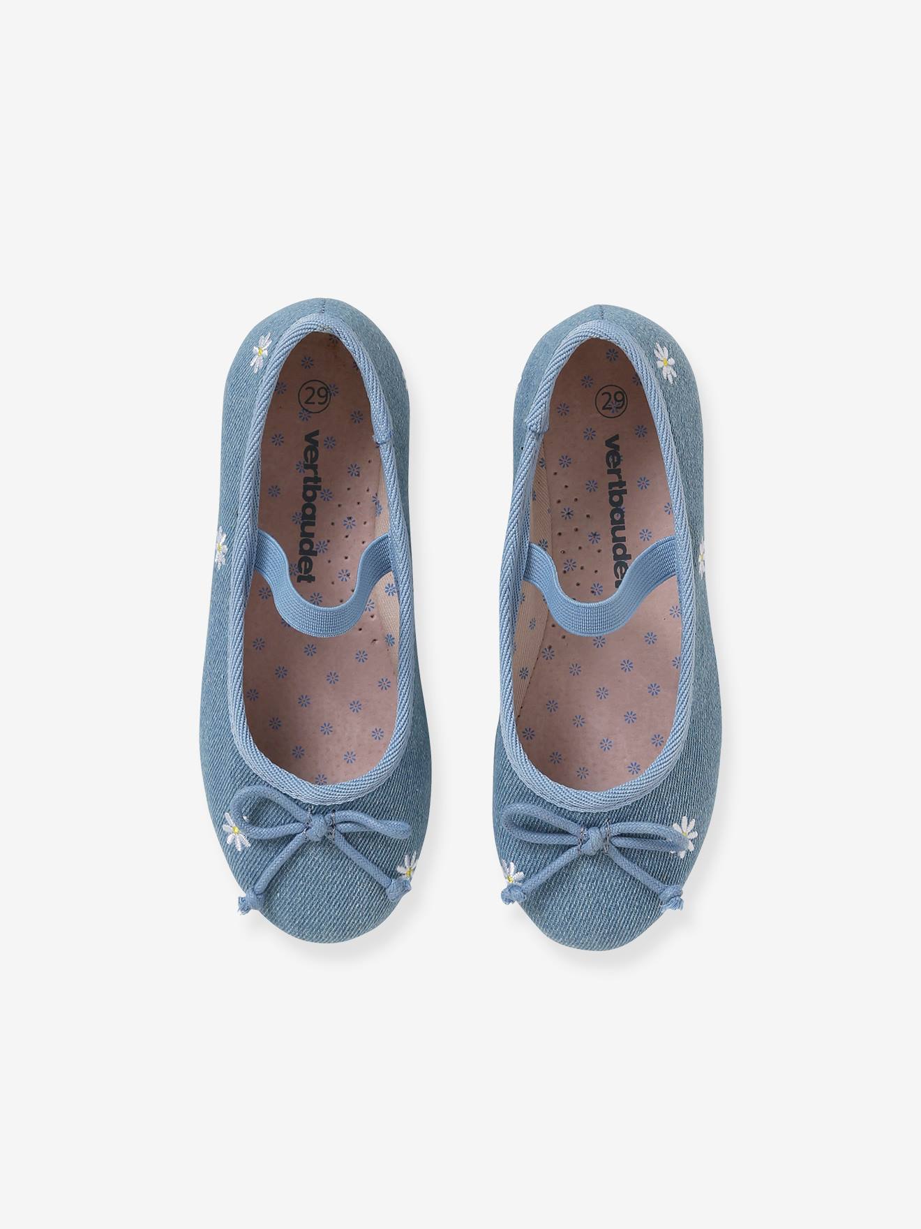 Sapatilhas de ballet bordadas para meninas, lisas, azul médio.