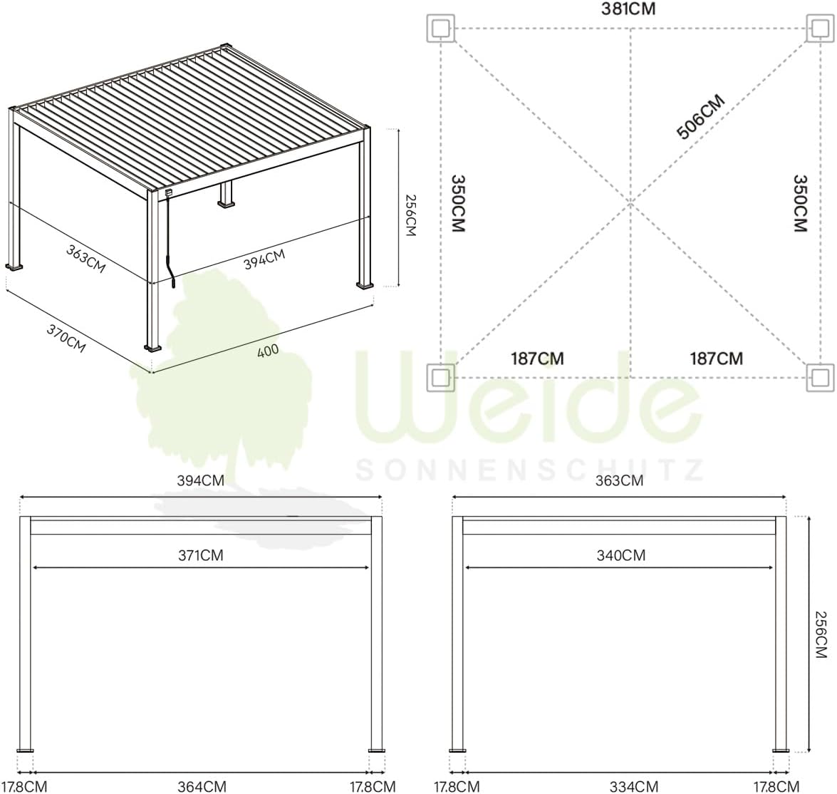 Pavillon Pergola 3,6x4m Terassenüberdachung freistehend mit Lamellendach elektrisch verstellbar LED Gartenpavillon wasserdicht stabil Winterfest Aluminium Weide Deluxe mit Fernbedienung Anthrazit