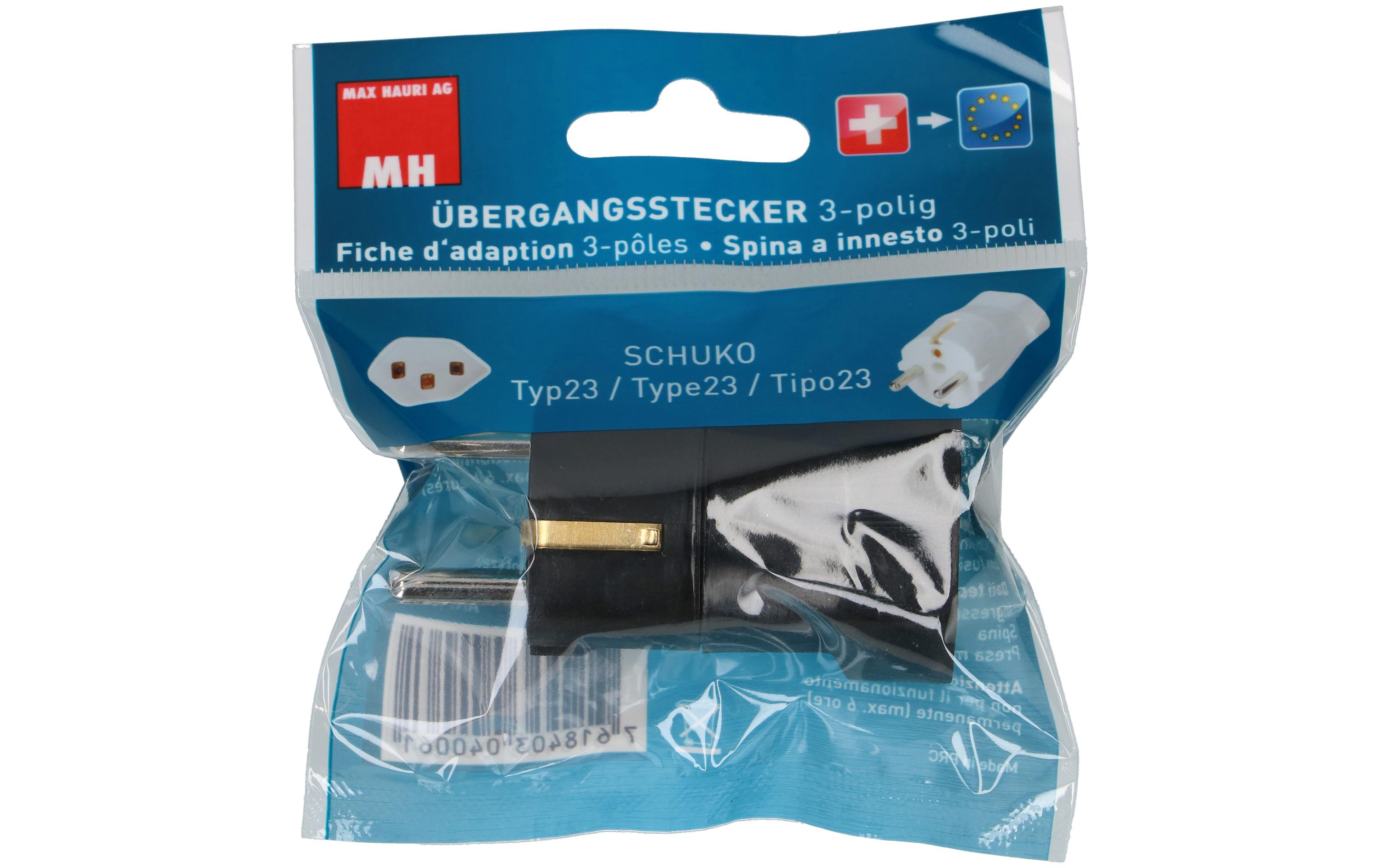 Reiseadapter Schuko – T23, Schwarz3-poliger Übergangsstecker Schuko auf Typ 23 Kupplung