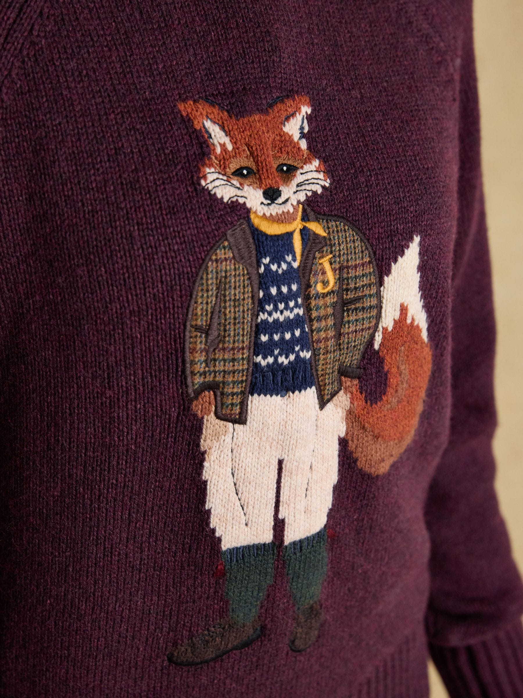 Burgundy Jonty Fox - Joules Intarsia Cotton-Rich Crew Neck Jumper