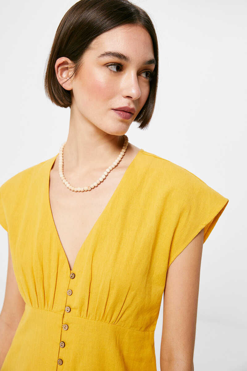 Vestido midi liso com botões, em linho e algodão - estampa amarela