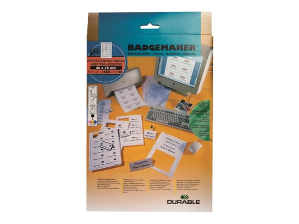Indstik til kongresmærker på A4-ark hvid 75x40 mm 20ark/pak - (240 stk.)
