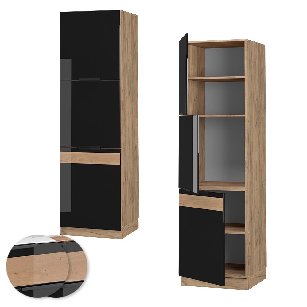 Vicco Herdhochschrank Küchenschrank Küchenmöbel Fame-Line Eiche Schwarz 60 cm modern Hochglanz