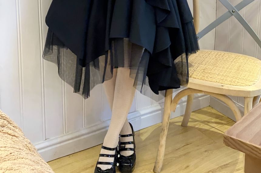 RONIN - Blouse met pofmouwen, effen, geplooide knopen / Asymmetrische mini-A-lijn mesh rok met hoge taille / Strik / Set