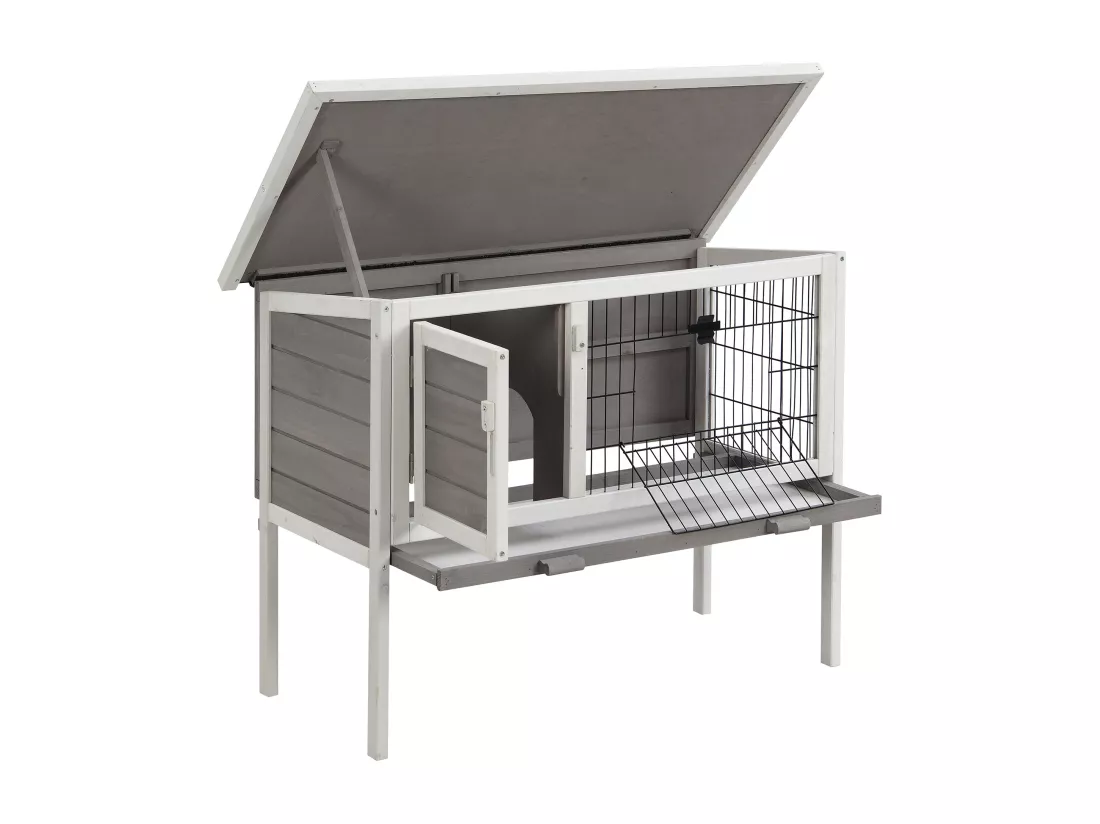 Clapier en bois sur pieds pour lapins et rongeurs - L. 91 x P. 45 x H. 70 cm - Blanc et gris - LAPIUS