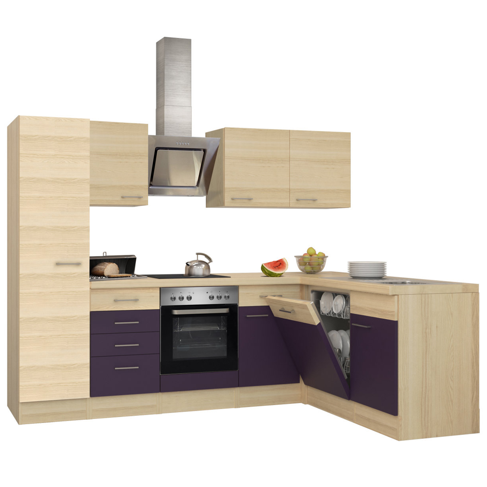 Winkelküche FOCUS - Akazie-Aubergine - mit E-Geräten - 270x170 cm
